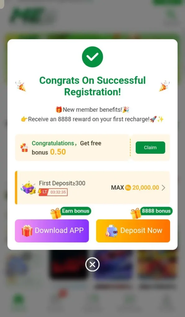ME5 app bonus free 0.50 bonus and up to 20000 PKR on First recharge